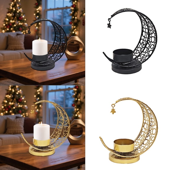 Metal Moon And Star Candle Holder, 3D Tabletop Decoration For Tabletop, Shelf And Centerpiece Decor, Black