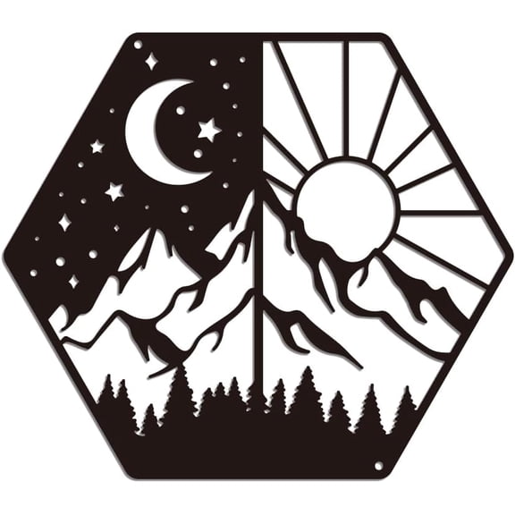 Metal Moon Sun Mountain Wall Art Decor Mountain Forest Iron Metal Wall Art Hanging Decor Signs for Home Decoration Natural Scenery Wall Sculpture Statues Decor Gift 10.31x11.81 Inch Mountain