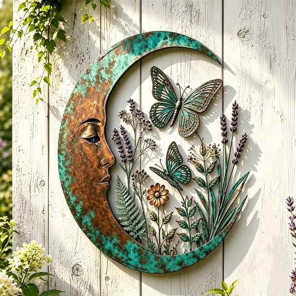 Metal Moon Wall Decor Hanging Sculpture with Botanical and Butterfly Motif Rustic Crescent Art for Indoor Wall Display
