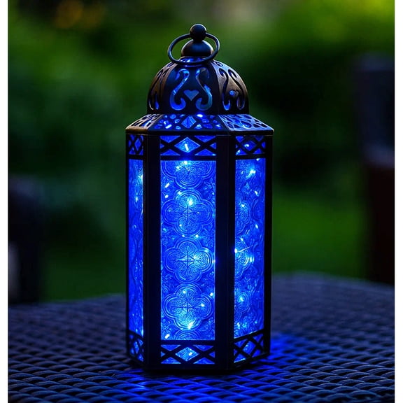 Moroccan Metal Candle Lantern Holder with LED Fairy String Lights, Medium, Blue