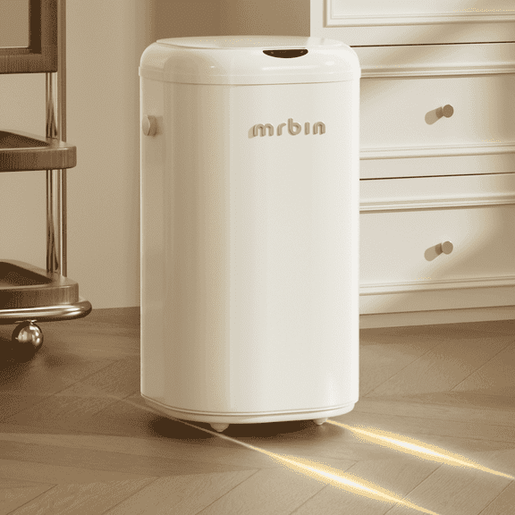 Metal Motion Sensor Tall Kitchen Trash Can with Lid and Wheel, 8 Gallon Automatic Garbage Pail Touchless, Electric Covered Waste Basket for Bedroom, Rv, Office, Restroom, Cream White