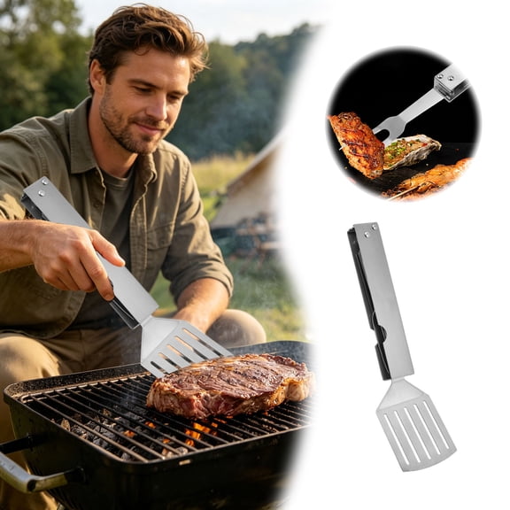 Metal Multifunctional Folding BBQ Spatula 50cm Durable Easy to Clean Ergonomic Ideal for BBQ Grilling and Camping Color: Silver