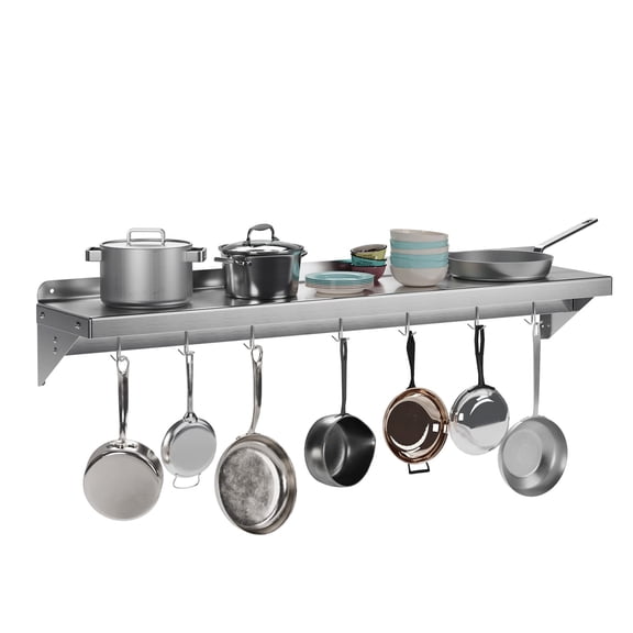 Metal Multifunctional Storage Rack with Backplash for Kitchen, [NSF Certified] 12" x 48" Stainless Steel Wall Mount Shelf with 7 Hooks for Hanging Pots, Pans,cookware in Home and Restaurant