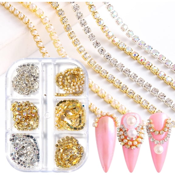 Metal Nail Art Chains Decorations, Gold Silver Nail Art Line Accessories, Punk Luxury Pearl Gem Nail Art Glitter Design, 3D Nail Art Chain Supplies for Women Manicure Art, Resin Nail Art Tips Tools