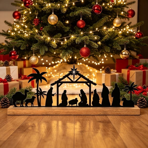 Metal Nativity Scene Tabletop Decor, Black Silhouette Christmas Manger Scene with Wooden Base for Holiday Table Display