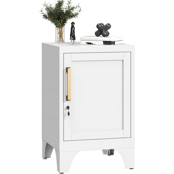 Metal NightStand Storage Cabinets with Lock and Adjustable Shelf,Metal Lockable End Table,Small Side Table,Bedside Table for Home, Office,Living Room,Garage, School(Assembly Required/White)
