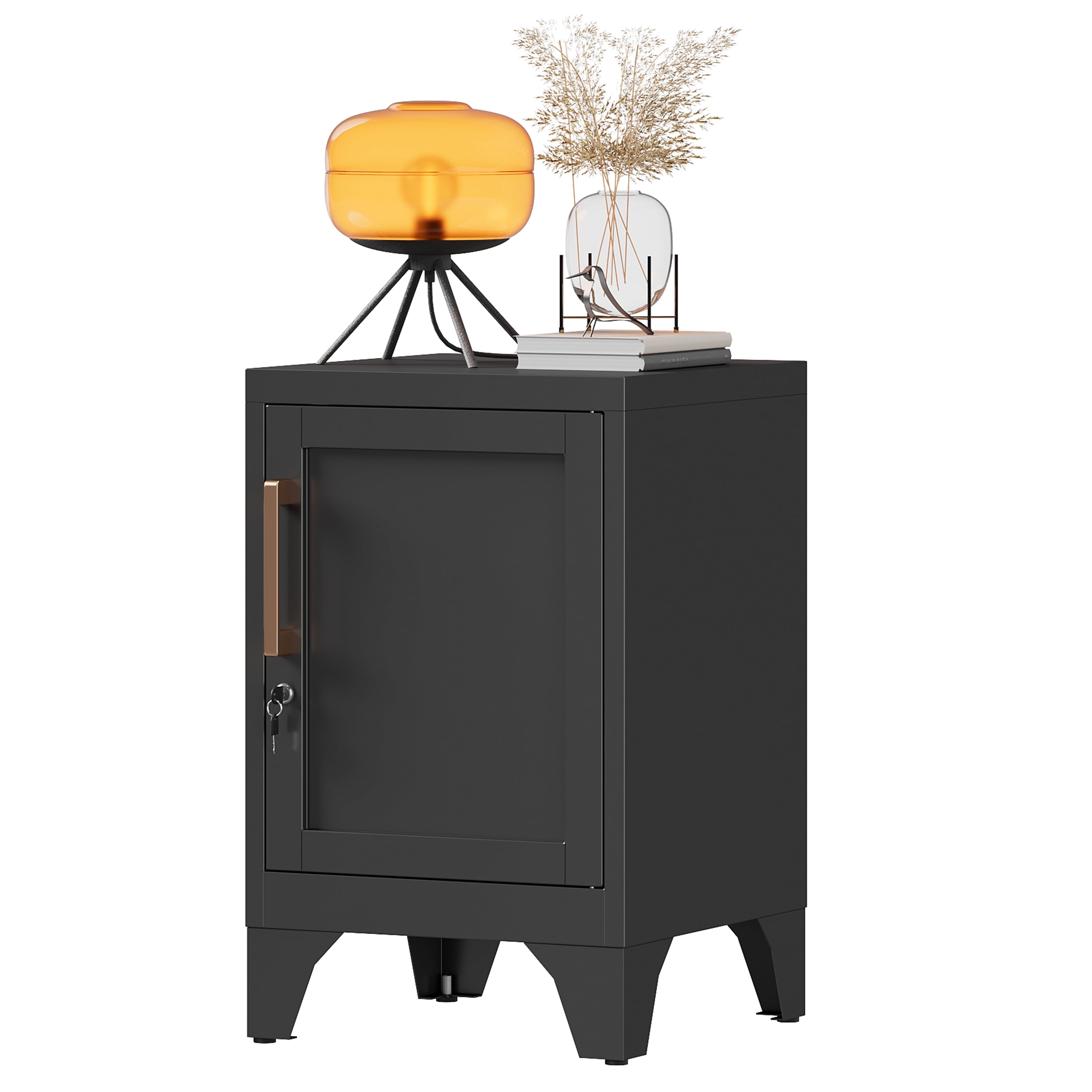 Bestoo Metal NightStand Storage Cabinets with Lock and Adjustable Shelf, Small End Table Side Table for Small Space, Lockable Bedside Table for Home Office Living Room Bed Room, Black