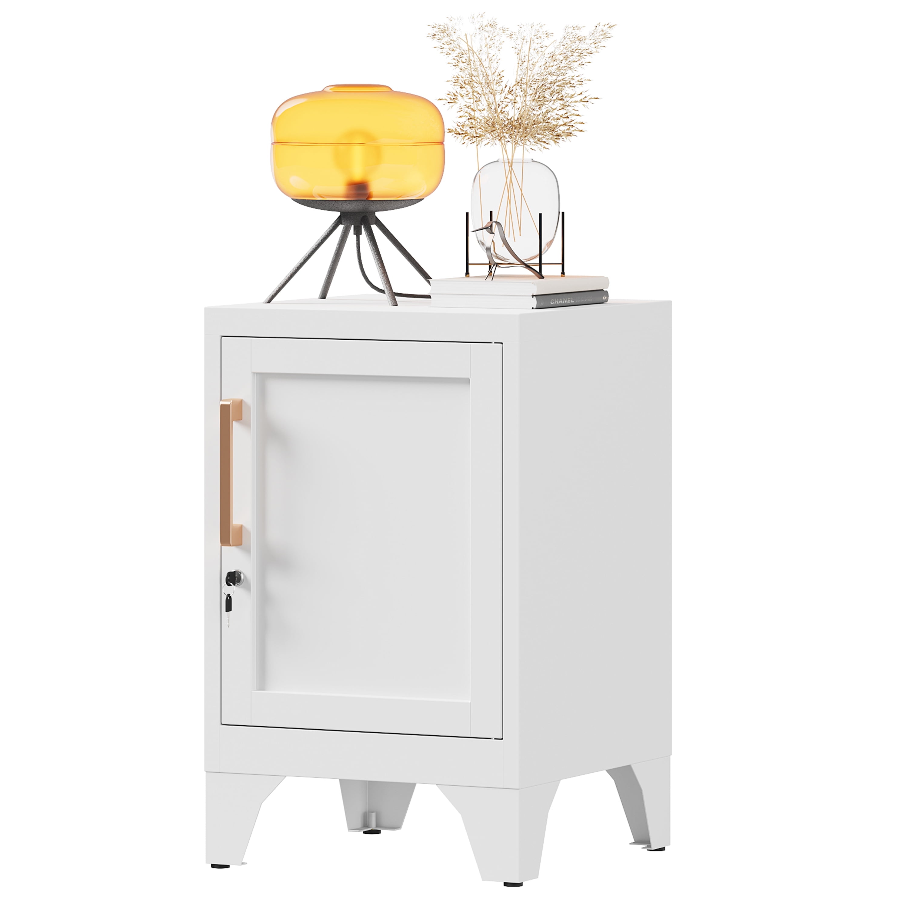 Bestoo Metal NightStand Storage Cabinets with Lock and Adjustable Shelf, Small End Table Side Table for Small Space, Lockable Bedside Table for Home Office Living Room Bed Room, White