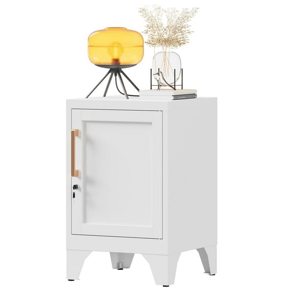 Bestoo Metal NightStand Storage Cabinets with Lock and Adjustable Shelf, Small End Table Side Table for Small Space, Lockable Bedside Table for Home Office Living Room Bed Room, White
