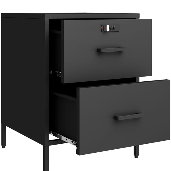 Metal Nightstand 2 Drawer End Side Table Lockable Modern Locker Storage Cabinet For Living Room Bedroom Dorm 21.26"h X 15.75"w 15.75"d (2 Black)