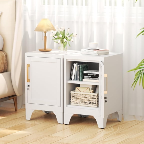 Metal Nightstand with Lockable Cabinet, Compact Mini Locker Bedside Table with Adjustable Shelve, Modern Steel Side Table for Bedroom, Dorm, or Living Room,White