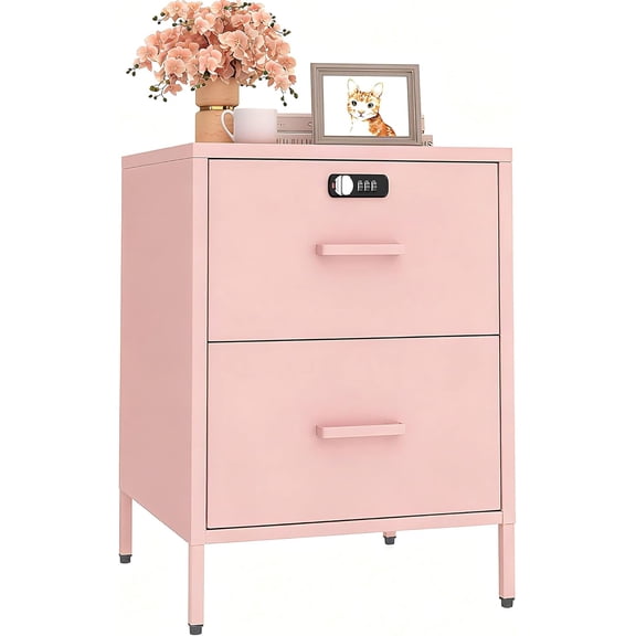 Metal Nightstand with Lock, 2 Drawer End Side Table Lockable Storage Cabinet File Cabinet for Living Room, Bedroom, Dorm