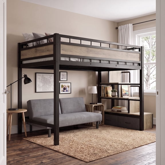 TimberVibe Studio Twin Loft Bed, Metal Frame with Storage Stairs & Fabric Drawers and Solid Mdf Guard Panels, Modern Industrial Heavy Duty, Black