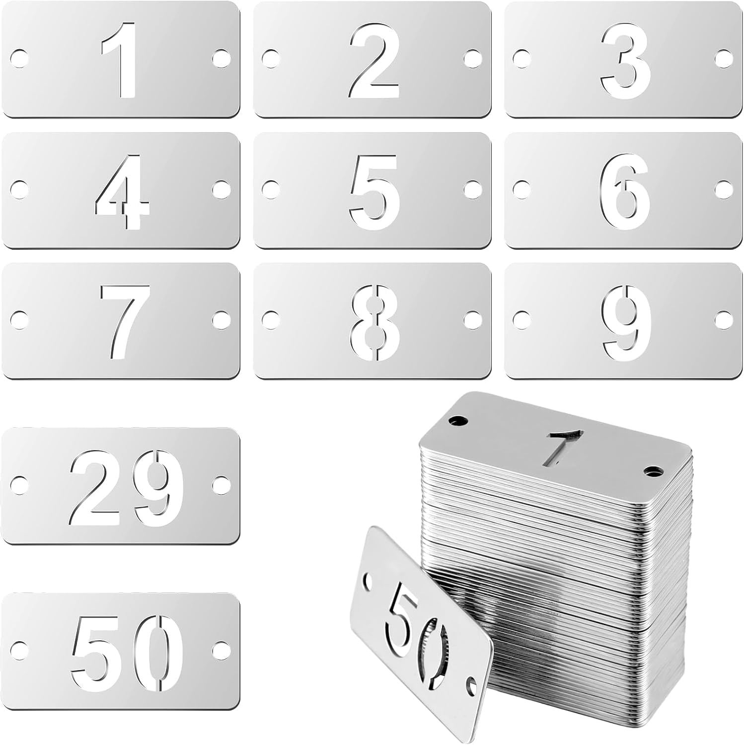 Metal Numbered Tags Stainless Steel Number ID Key Tags with Holes Numbered Key Rings Chain (50 Pcs,1-50, Rectangle)