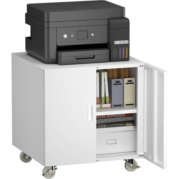 Metal Office Storage Cabinet, Rolling File Table for Printers, Heavy-Duty mobile Desk with Adjustable Shelf, Printer Stand for Copier, Fax, Large File Stands for Office, Workplace, White