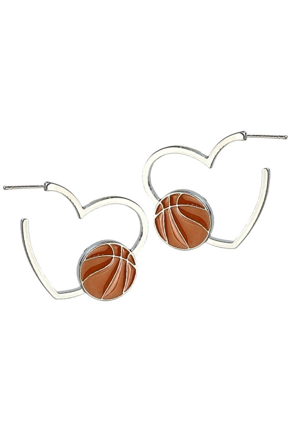 Metal Olive Sport Themed Large Earrings For Basketball Football Softball And Baseball Fans With Heart Shaped Dangles