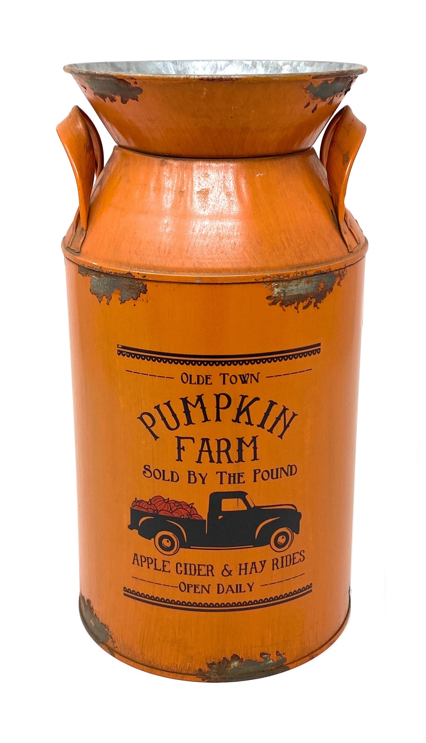 Metal Orange Pumpkin Farm Milk Can Water Jug Vase Vintage Rustic