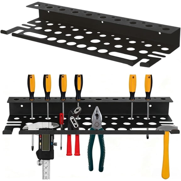 Metal Organizer, 15.75inch Utility Wall Mount Tool Organizer for Screwdrivers Pliers Holder with 35 Holes, Hand Tool Storage Rack for Workbench, Garage, Warehouse (Black, 2 Layers)