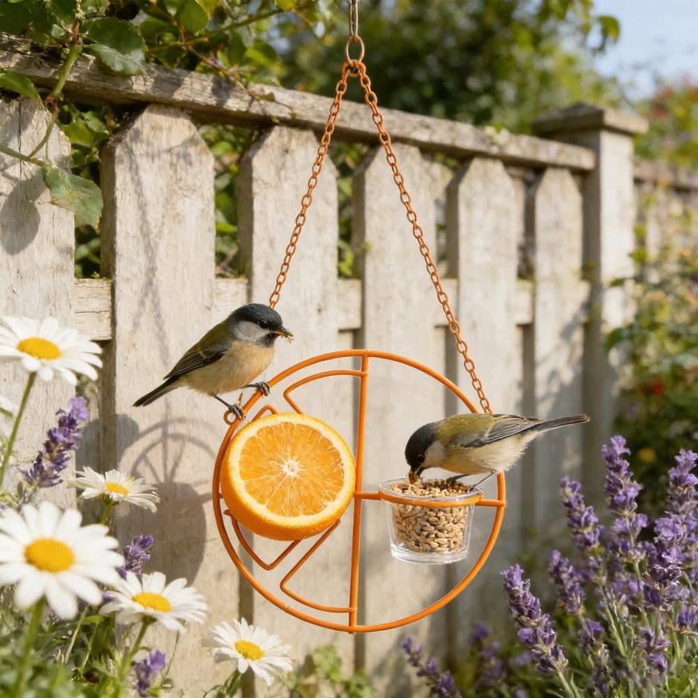 Metal Oriole Bird Feeder for Outdoors, Orange Fruit & Jelly Hanging Station with Glass Cup, Rust-Proof Wild Bird Feeders for Yard Garden (k)