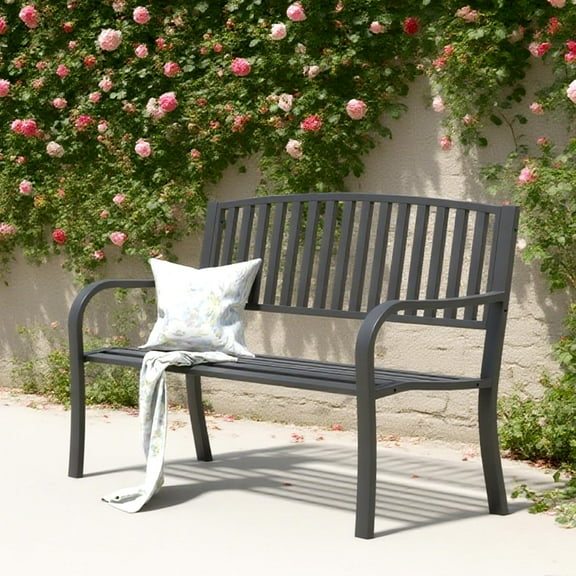 Metal Outdoor Bench, Weatherproof Garden Bench, Porch Bench with Striped Pattern Backrest, for Patio, Porch, Park, Lawn