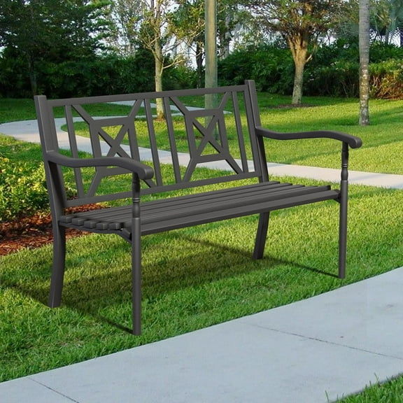 Metal Outdoor Bench, Weatherproof Garden Bench with Square Pattern Backrest and Armrests, for Patio, Porch, Park, Lawn