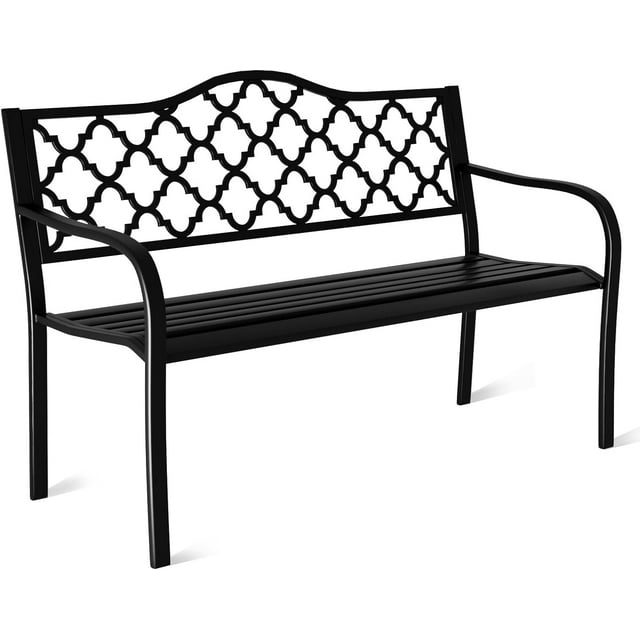 Metal Outdoor Bench, Weatherproof Garden Bench with Square Pattern Backrest and Armrests, for Patio, Porch, Park, Lawn