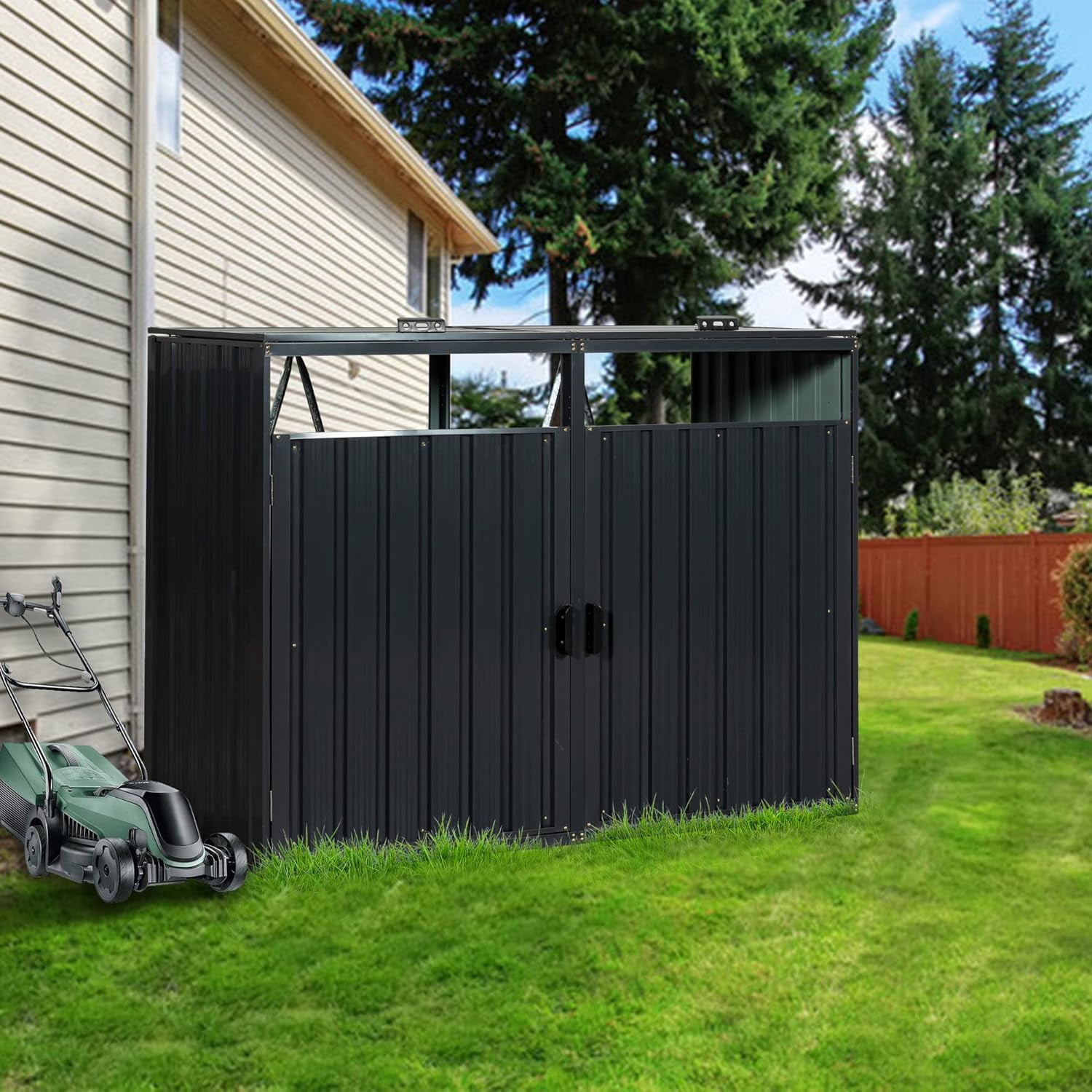 Metal Outdoor Bin Shed Garbage Can Storage Shed with Doors and Lifting