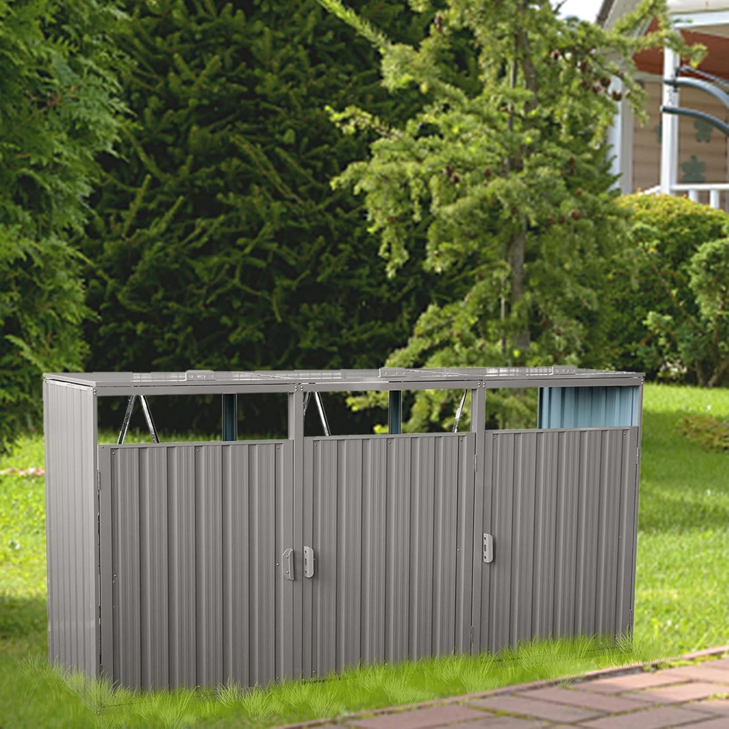 Metal Outdoor Bin Shed Garbage Can Storage Shed with Doors and Lifting