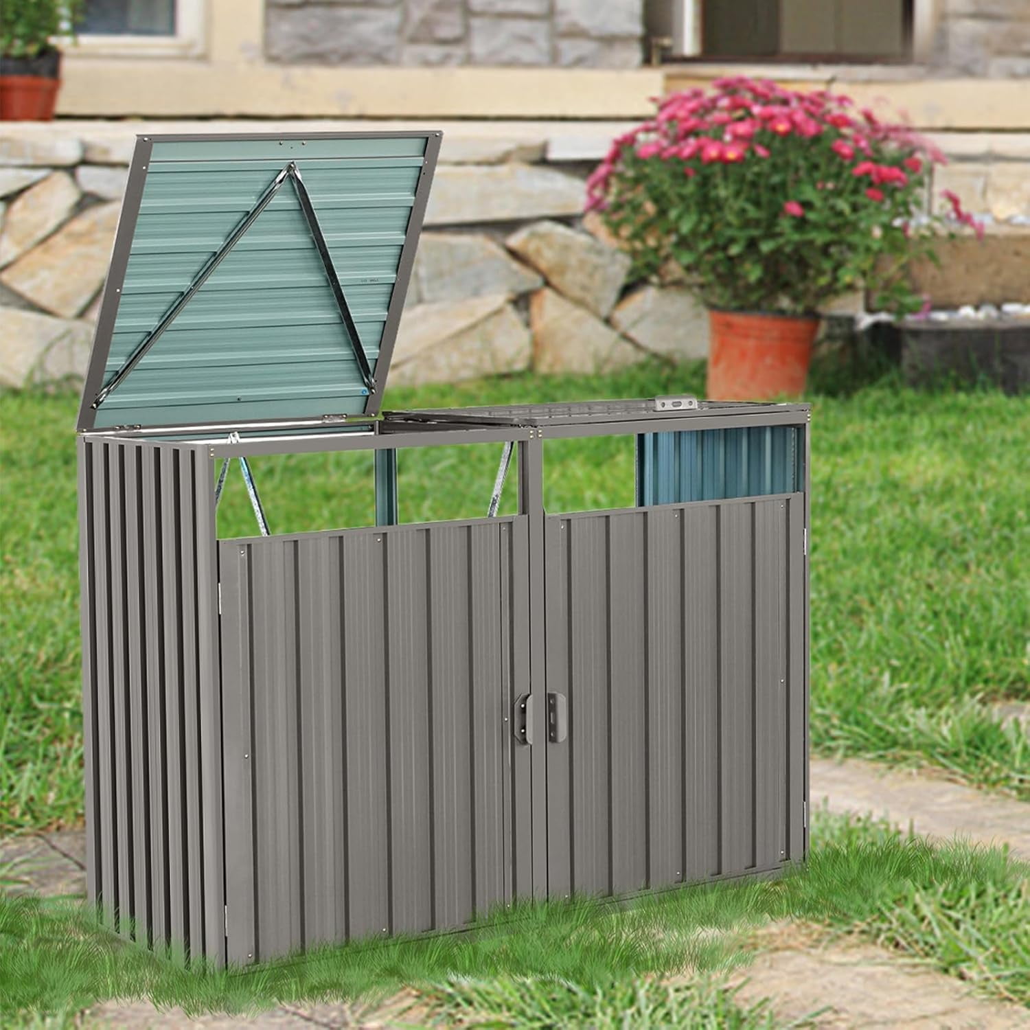 Metal Outdoor Bin Shed Garbage Can Storage Shed with Doors and Lifting