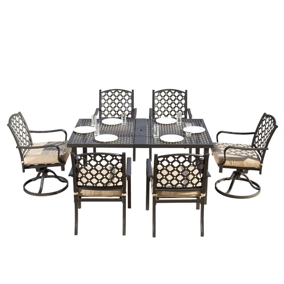 Metal Outdoor Dining Set 7PC, Patio Table with Swivel Chairs and Removable Beige Cushions for Yard, Garden