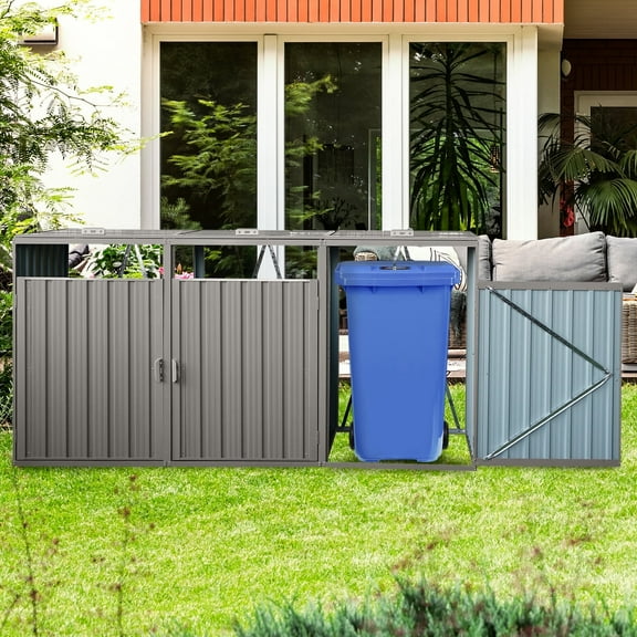 Metal Outdoor Garbage Bin Shed for 3 Trash Cans Gray