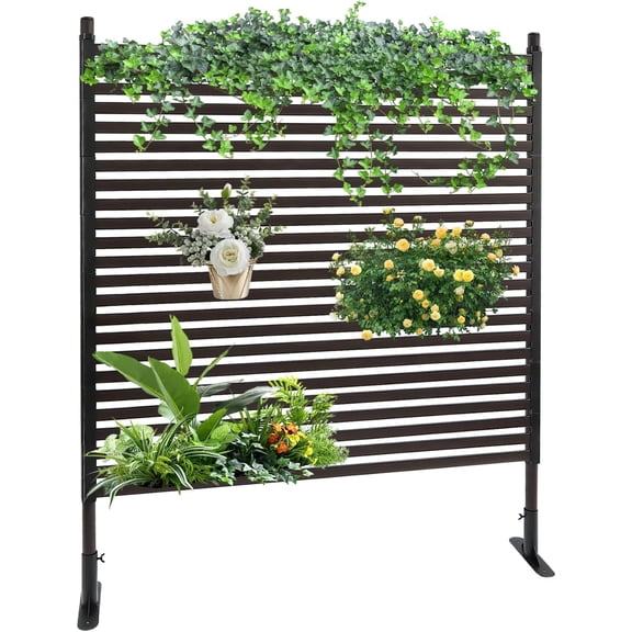 Metal Outdoor Privacy Screen with Stand, 3.94 x 4.92ft Steel Pipes and Slats Panels, Metal Privacy Patio Screen Panel, Freestanding Screen for Outside Patio Garden Backyard, Brown