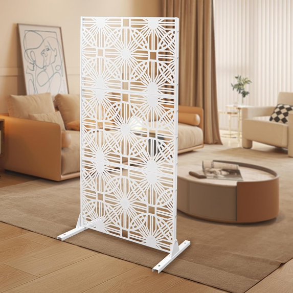 Metal Outdoor Privacy Screen White Metal Patio Privacy Divider with Stand 36.25 * 15.75 * 71.5 in Decoative Privacy Screen Fence Panels Freestanding (White Flower)