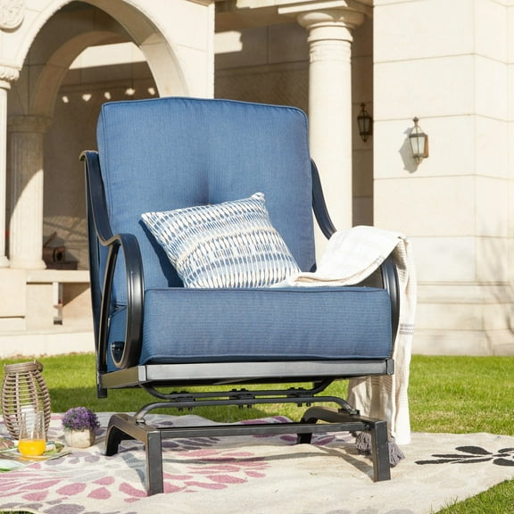 Metal Outdoor Rocking Chair with Blue Thick Cushions
