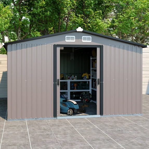 Metal Outdoor Storage Shed 10x12 FT, Metal Garden Shed Steel Anti-Corrosion Storage House with Lockable Door, Tool Shed for Backyard Patio, Brown