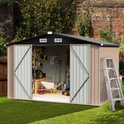 Metal Outdoor Storage Shed 9.7 x 7.6, Outdoor Metal Shed with Base Frame for Tool, Garden, Bike, Brown