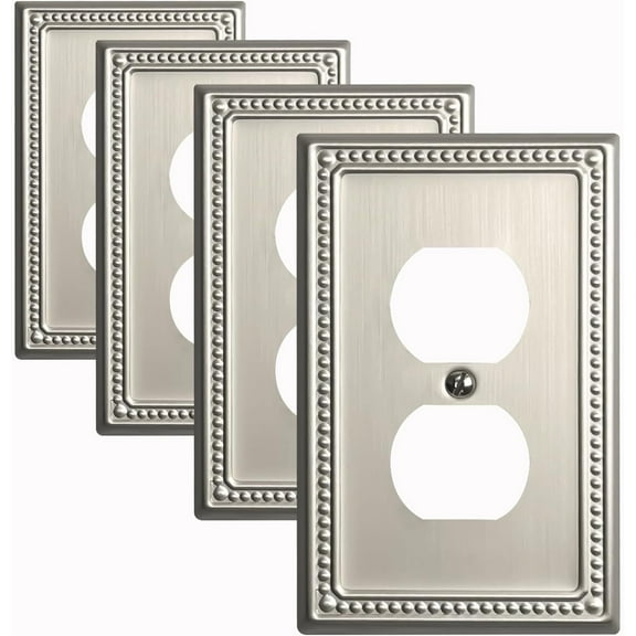 Kisrvopn Metal Outlet Covers Wall Plates, Satin Nickel Beadboard Switch Plate Cover, Receptacle Light Switch Covers, Decorative Electrical Outlet Cover (1 Gang Duplex 4 Pack)