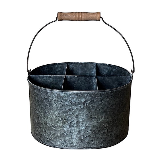 Metal Oval Caddy Organizer Large Farmhouse Bucket With Wooden Handle 6 Compartment Utensil Holder Storage Kitchen Garden Table Party Shop ToolsDeco