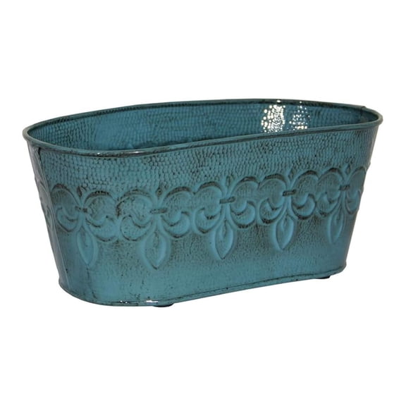 Metal Oval Planter, 10 Inch Flower Pot - Surf Blue Fleur De Lis Design