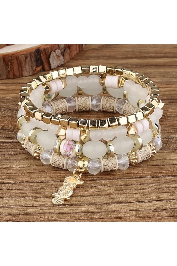 Metal Owl Bracelet with Versatile Bohemian Ethnic Style Crystal Candy Multi-layer Beads Multicolor, 1 Pack