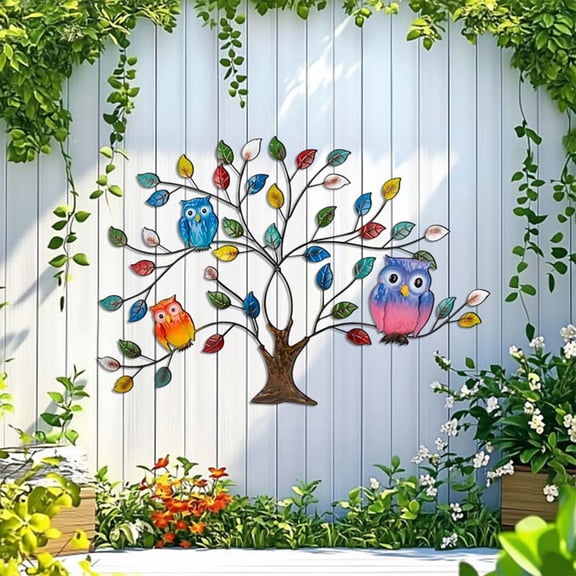 Metal Owl Tree Wall Art, Colorful Outdoor Decor for Patio & Living Room