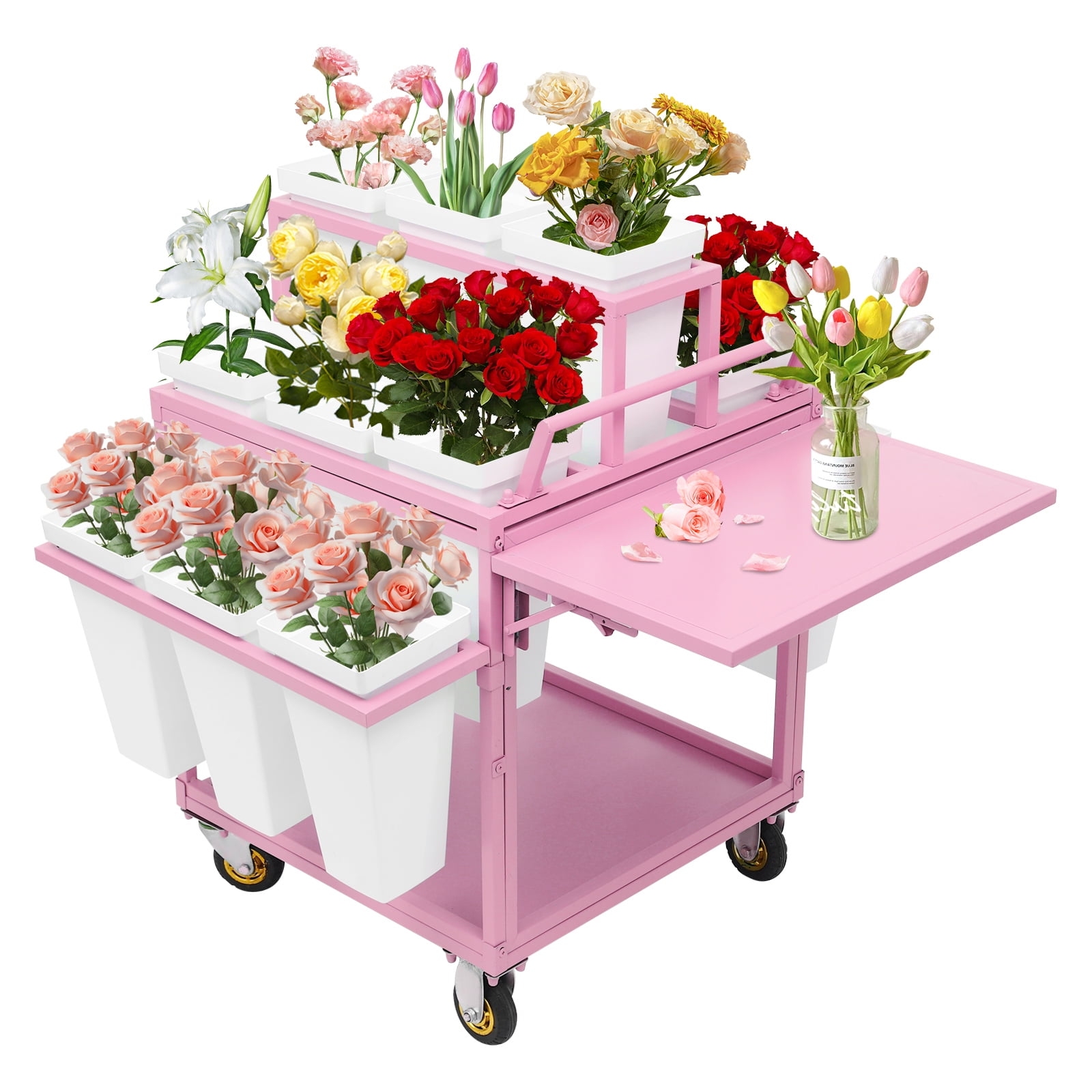Flower Display Stand With Buckets Metal Outdoor Flower Display Stand With  Flower Display Stand With 18 Buckets, Flower Cart Display Stand With Wheels,Flower  Cart For Florist, Patio Garden(Color:Blue,Pink,White) (White Tiered Indoor  Plant, image size:1600x1600