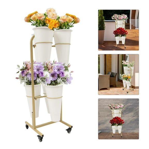 Metal+PP Flower Display Stand W/6PCS Buckets, 2-Layer Steel Plant Stand W/ 4 Wheels,Plant Stand Moving Flower Rack for Indoor, Outdoor Patio Garden, Living Room, Florist