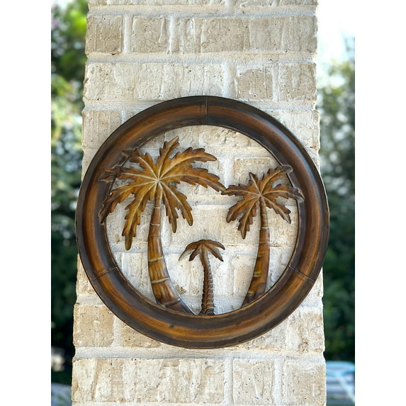 Metal Palm Tree Wall Hanging Decor 16” Rustic Round Tropical Wall Art Sculpture Indoor Outdoor Kitchen Room Office Patio Porch Balcony Pool Area