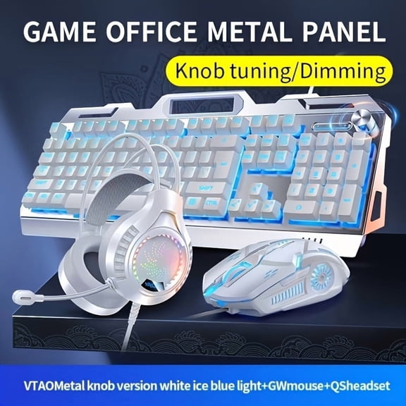 Metal Panel Wired Keyboard, Mouse, and Headset Trio - Dual Use for Office and Gaming - Knob for Dimming and Sound Adjustment