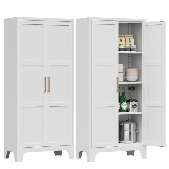 Metal Pantry Cabinet, 61" Tall Kitchen Storage Cabinet with Doors and Adjustable Shelves, Living Room, Dining Room (White)