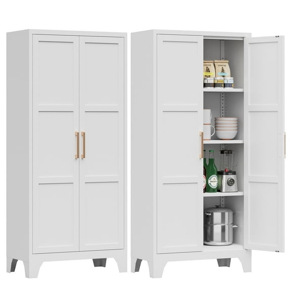 Metal Pantry Cabinet, 61" Tall Kitchen Storage Cabinet with Doors and Adjustable Shelves, Living Room, Dining Room (White)