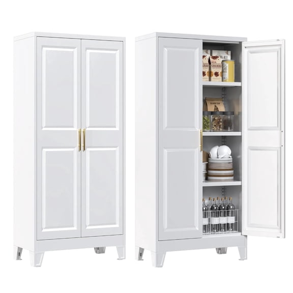 Metal Pantry Cabinet with 2 Doors & 3 Adjustable Shelves, Kitchen Grocery Storage Cabinet for Home, Assembly Required, White