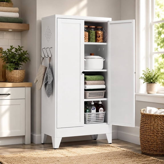 Metal Pantry Storage Cabinet with Legs, 47" H x 24" W x 12" D, White | Storage Cabinet with Doors and 3 Adjustable Shelves for Kitchen, Home Office, Garage, Living Room