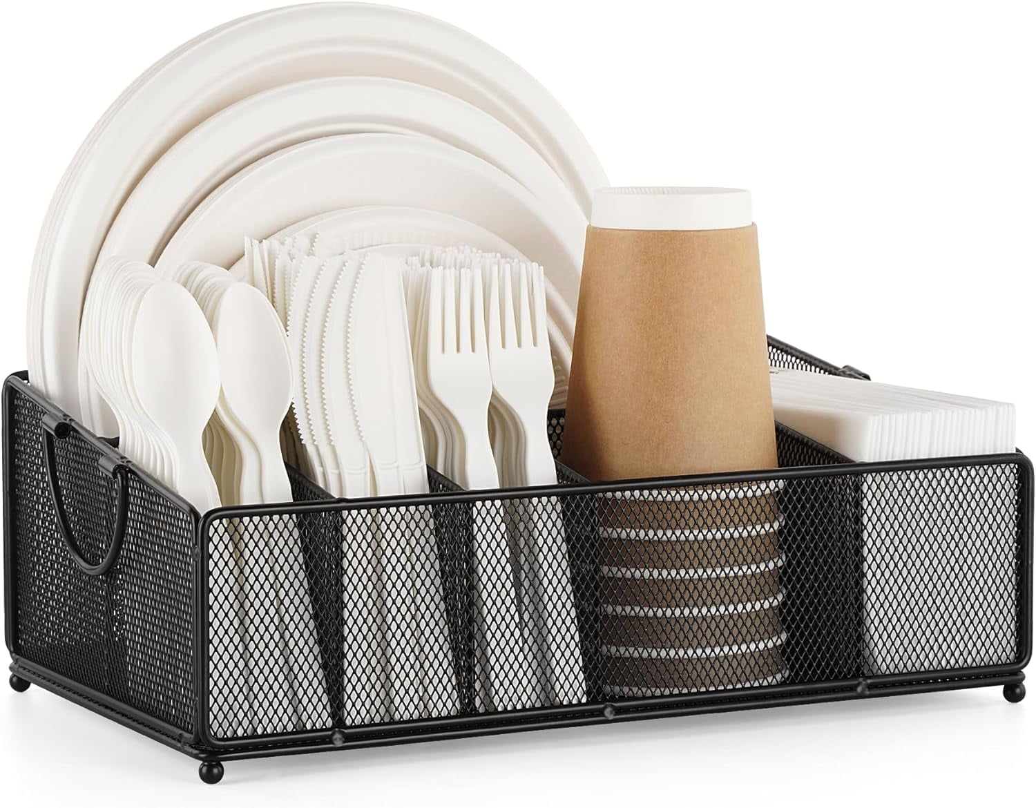 Metal Paper Plate Organizer for Countertop Party Picnic Camping, Large Plastic Silverware Holder Dispenser Cutlery Caddy for Disposable Plate Cup Flatware Utensil Napkin, Black